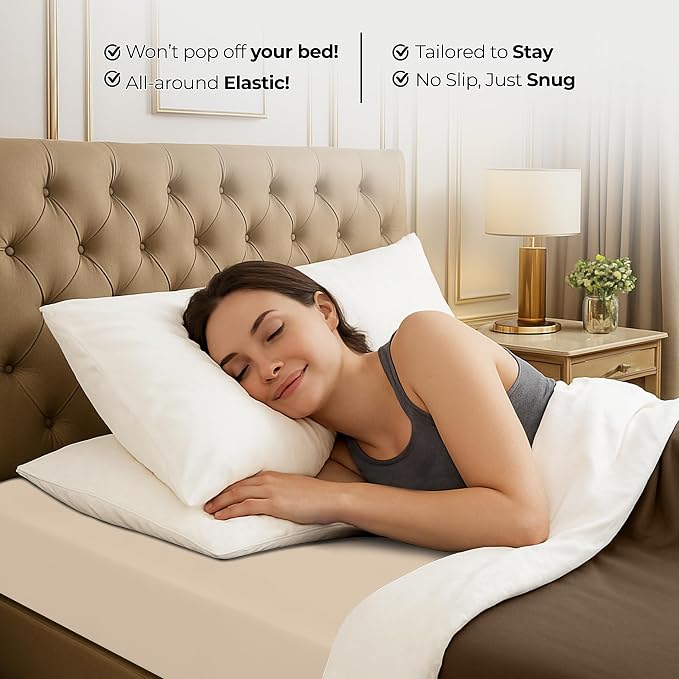 King Fitted Sheet, Ultra Soft Fits Up to 16 Inch Deep Pocket, Beige | Hotel Comfort, Cooling & Breathable Cotton like Polyester, Easy Fit, Wrinkle & Fade Resistant, Snug Fit, Easy Care, Oeko-Tex