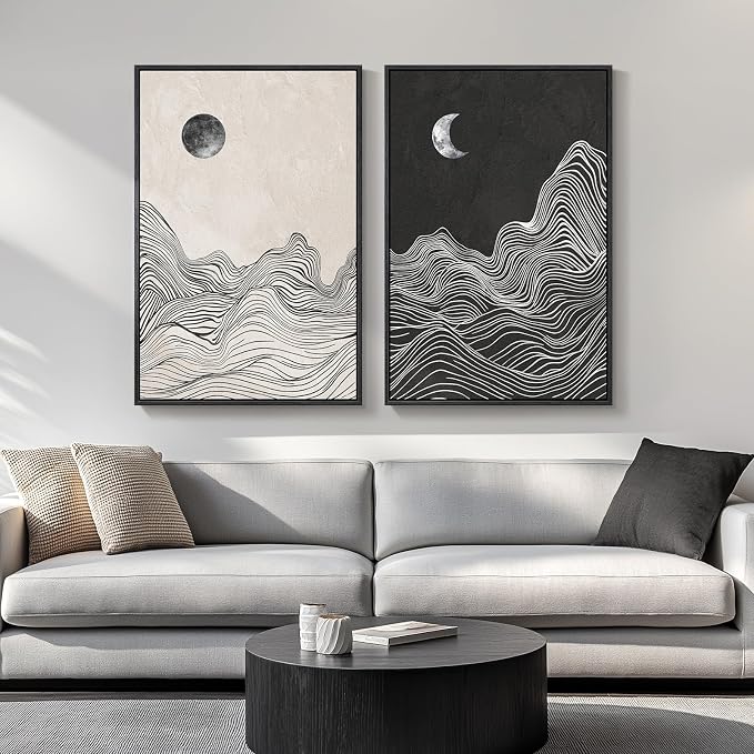 Large Framed Black White Abstract Wall Art for Living Room Set of 2, 24x36 | Mountain moon, Canvas prints, Modern pictures, Black and white gray, Minimalist artwork, Black frame, Bedroom wall decor