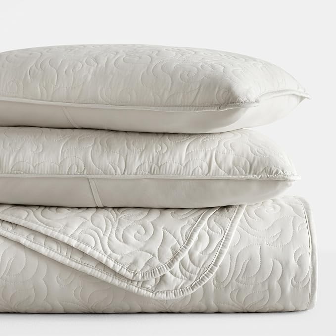 Merit Linens Modern Quilt Coverlet Soft Set in Floral Stitching - King/Cal-King Natural