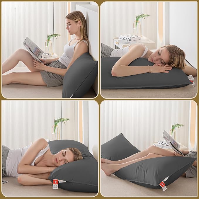 Goose Down Body Pillow for Side Sleeper, Large Body Pillows for Adults, Hugging Feather Body Pillow Insert, Cooling Full Length Long Pillow for Bed with 100% Organic Cotton Shell, (Dark Grey 20"x72")