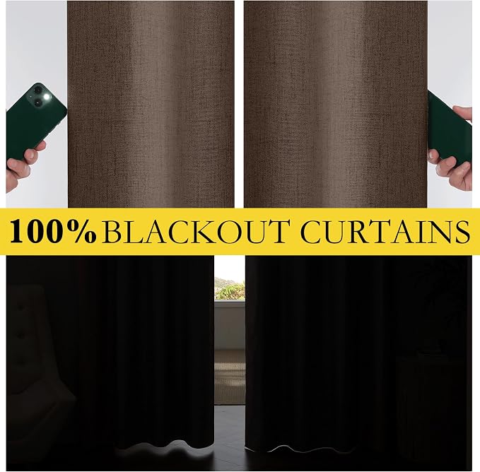NICETOWN 100% Blackout Brown Curtains for Living Room 2 Panels Linen Blend | Bedroom Curtains for Light Sensitive Sleepers Noise Reducing, Privacy Protection, Thermal Insulated, W52" x L84" per Panel