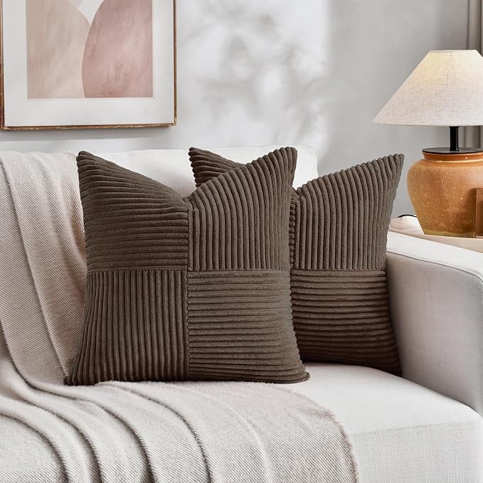 Fancy Homi 2 Packs Dark Brown Decorative Throw Pillow Covers 12x12 Inch with for Living Room Couch Bed, Rustic Farmhouse Boho Home Decor, Soft Corss Patchwork Corduroy Square Cushion Case 30x30 cm