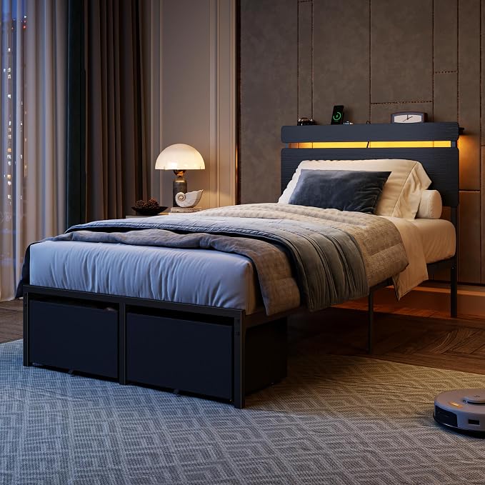 Forestell Twin Bed Frame with Wood Headboard,2 Storage Drawers & Shelf | Built-in Charging Station & LED Lights, Metal Support, No Box Spring Needed, noise-free, easy assembly, Smart RGB, USB+Type-C