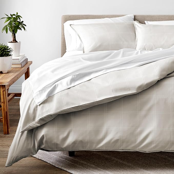 Bare Home Duvet Cover Set (King, Modern Plaid - Stone/White) | 1800 Ultra-Soft, Lightweight, Cooling, Breathable, Premium, All-Season