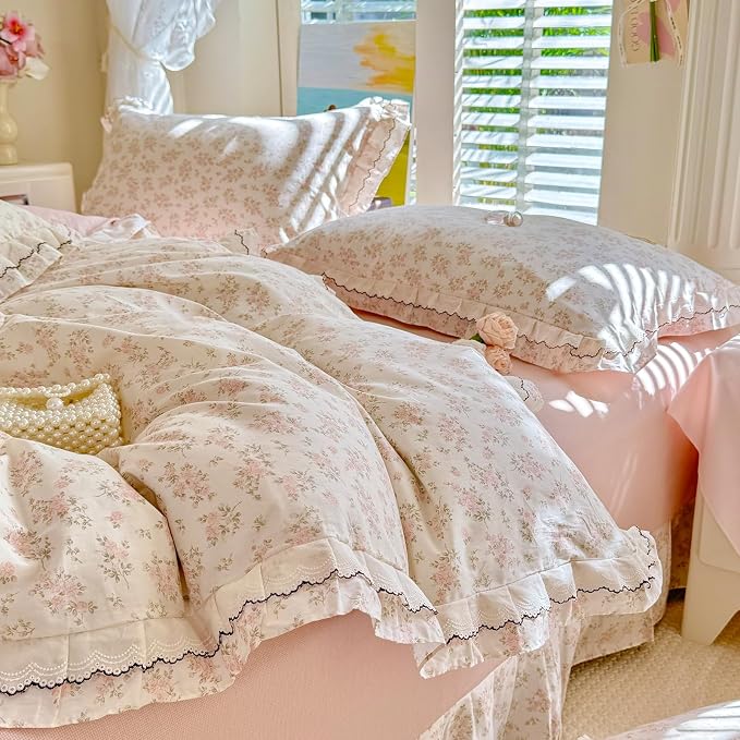 mixinni Shabby Chic Floral Duvet Cover Set Queen, 100% Cotton Cottagecore Bedding with Double Ruffle Lace Trim, Reversible Pink Rose Flower Vintage Farmhouse Comforter Cover with Zipper & Corner Ties