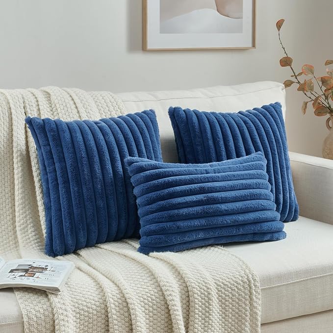 FUTEI Pack of 2 Faux Fur Throw Pillow Covers 12x20 Inch, Navy Blue | Fluffy Faux Rabbit Fur Front/Premium Velvet Back,Hidden Zipper,Machine Washable,Non-Shedding,Colorfast,Insert Not Included.