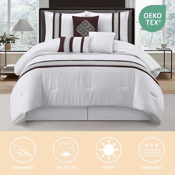 7 Piece Comforter Set, Coffee White, Queen Size, Boho Style Geometric Microfiber Embroidery, Bed in a Bag with Bedskirt, Pillow Shams and Decor Pillows