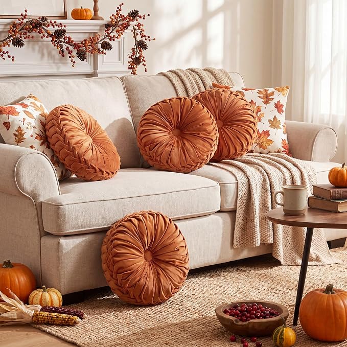 Kathfly 4 Pcs Decorative Round Pleated Throw Pillows, Classy Velvet Pumpkin Round Throw Pillows, Decorative Floor Pillow for Bed Chair Home Sofa Decor, 14" Diameter (Orange)
