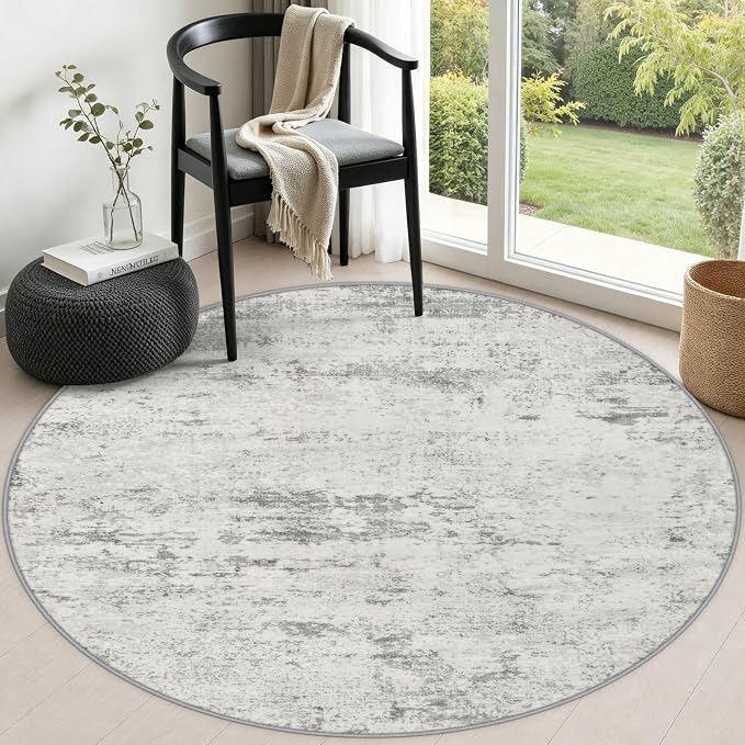 Round Area Rug Living Room: 5 ft Modern Washable Carpet Gray | For Bedroom Dining Room Farmhouse Nursery Hallway Office,Modern Abstract,Machine washable,Non-Slip,Stain Resistant,Indoor