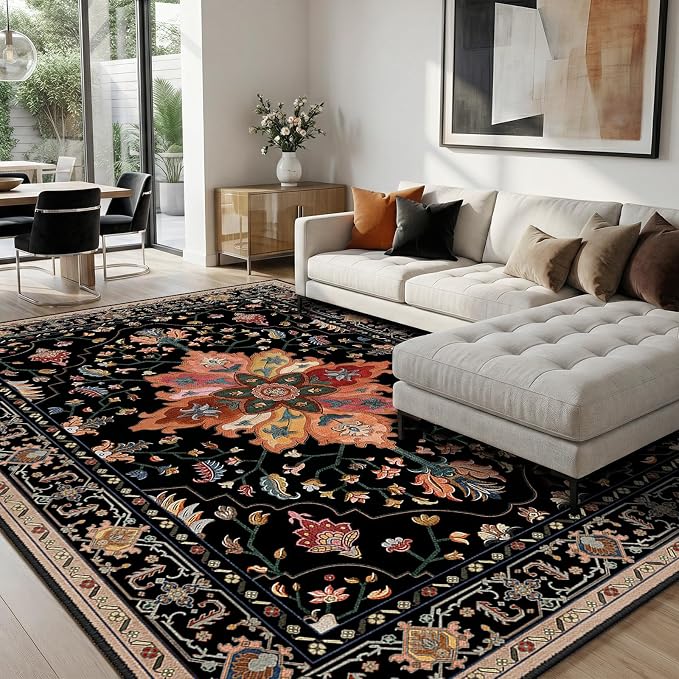 RELEANY Washable Area Rug, 8'x10', Black/Colorful | Non-Slip, Water Repellent, Pet Friendly, Easy to Clean, Vintage Floral Boho Decor for Living Room Bedroom Dining Room