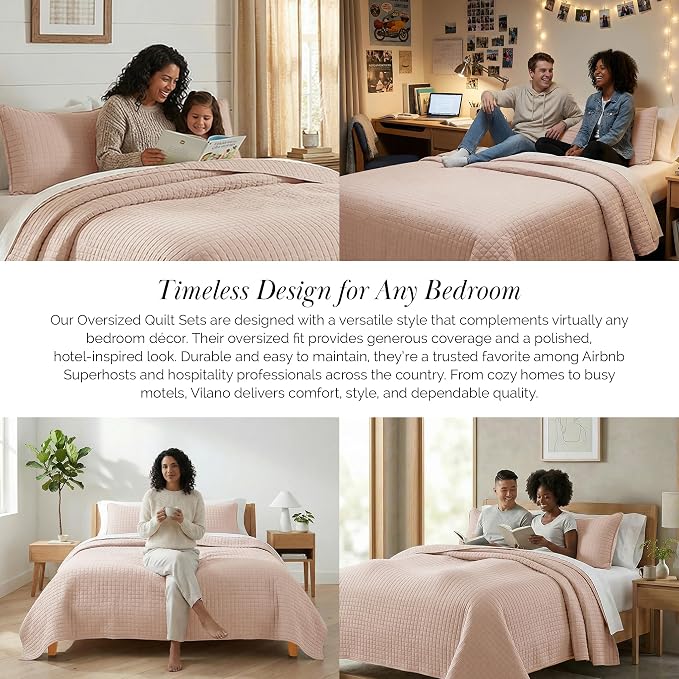 Southshore Fine Living, Inc. Twin Quilt Bedding Set, Stitched Soft Brushed Microfiber Blush Pink Quilt, Twin Coverlet Bedspread, Wrinkle & Pet Hair Resistant Bedding, Easy Care, 1 Pillow Sham, Blush