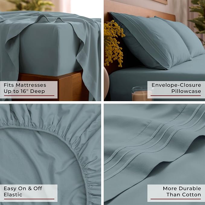 Mellanni Iconic 4-Piece, Ultra Soft Sheet Set (Queen, Spa Blue) | 10M+ Sleepers. Lab-tested: Sleeps Cool, Stays Bright, Strong, Smooth. Good Housekeeping Best Bedding, 7 yrs running.