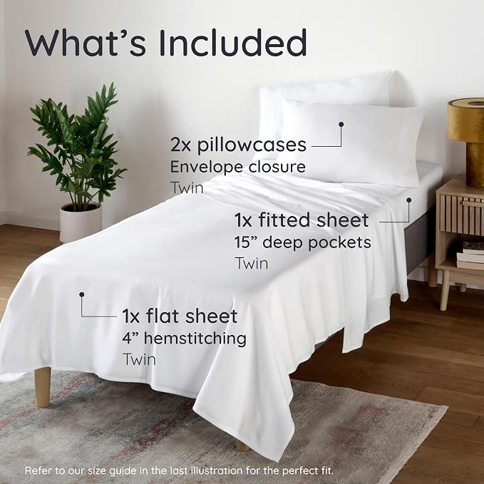 Bambaw Twin Sheet Set – 4-Piece Set of 100% Viscose Derived from Bamboo Cooling Sheets Twin, Silky Soft, Breathable & Lightweight, Keeps You Cool & Dry Overnight (White)