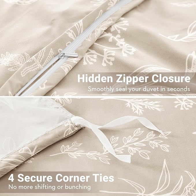 MUXHOMO Duvet Cover Full Size, Reversible Floral Beige Duvet Cover Set with Zipper Closure, 3 Pieces Botanical Patterns Soft Microfiber Bedding Set with 4 Ties (80"x90", 2 Pillow Cases)