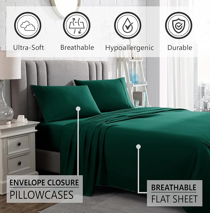 American Home Collection California King Sheet Set - Ultra-Soft Microfiber 15-Inch Deep Pocket - Wrinkle Free and Fade Resistant (Emerald Green)