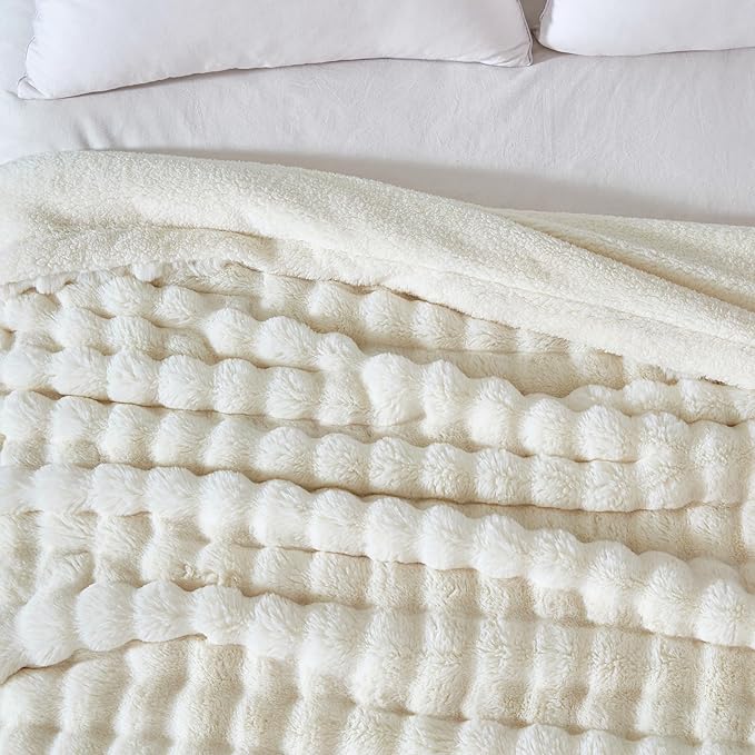 50x60 Inches Ultra-Soft Fuzzy Faux Fur Plush Throw Blanket - Thick, Warm Sherpa for Couch, Sofa, Bedroom, Camping - Decorative Blanket for Cozy Warmth, Bubble Ivory White