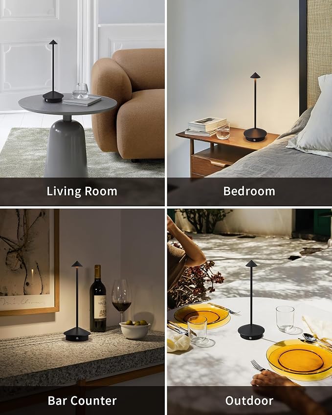 Modern Cordless Table Lamp Set of 2, Black Portable LED Desk Lamps | 5000mAh, Rechargeable, Battery Operated Lighting for Bedroom, Dining Room, Restaurant, Coffee Shop, Camping, Night Light
