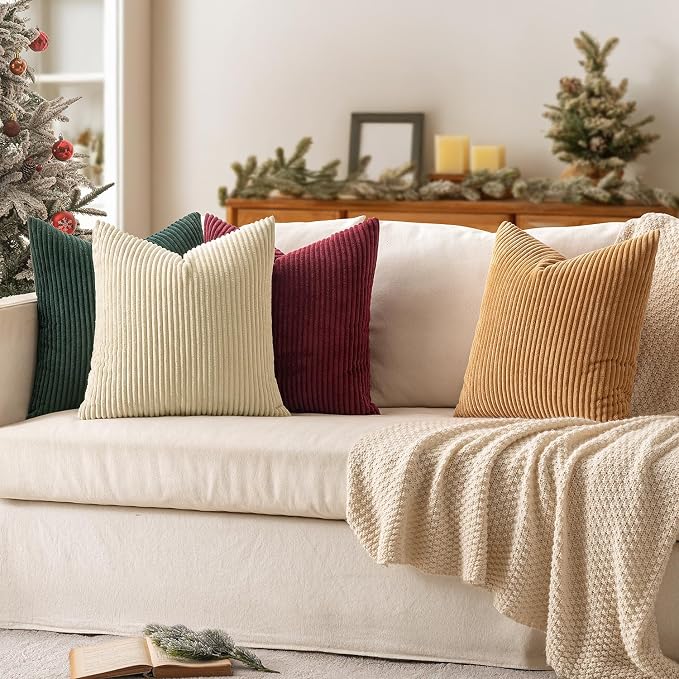 MIULEE Corduroy Decorative Throw Pillow Covers Christmas Red Green 18x18 | Set of 4, Mordern Nordic Christmas Decor, Green Red Accent Set, Boho Farmhouse Cushion Covers for Couch Bed Sofa Living Room