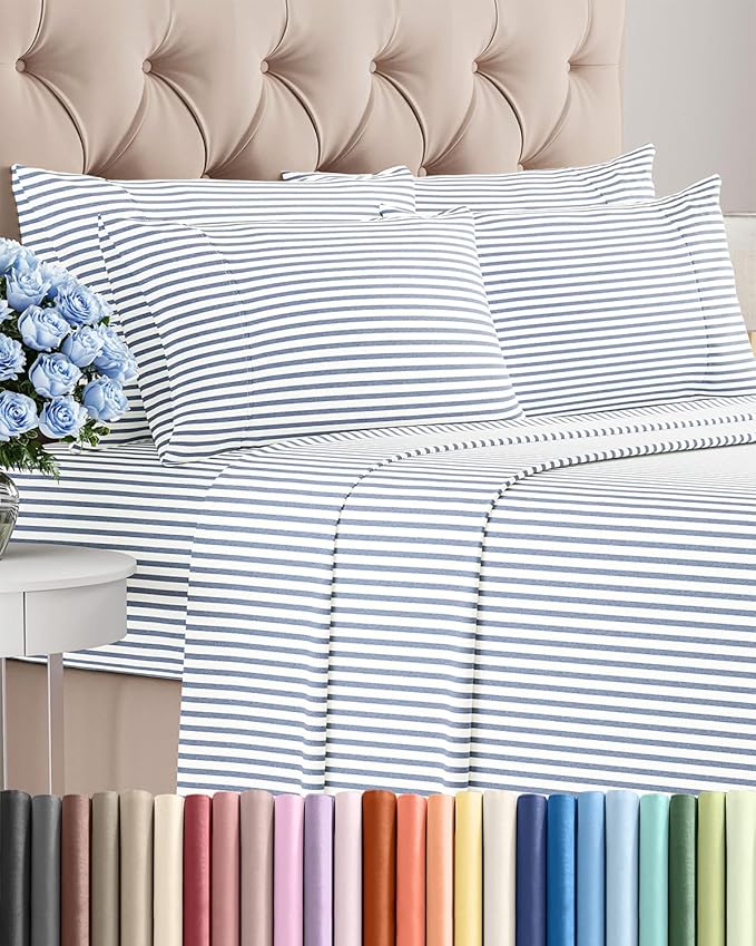 Full 6 Piece Bed Sheet Set - Breathable & Cooling Sheets - Blue Stripes | Ultra-Soft Hotel Luxury Bedding Set with 8-16 Inch Deep Pockets, 1 Flat & 1 Fitted Sheet & 4 Pillowcases, Wrinkle & Fade Free