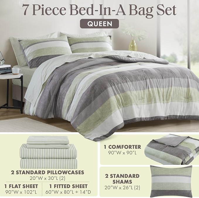 Madison Park Essentials Jaxon Queen Comforter Set, Bed in A Bag Comforter & Sheet Set, Modern Casual Stripes Print, All Seasons, Soft Bedding Makeover, Matching Sham, Queen Green/Grey 7 Piece