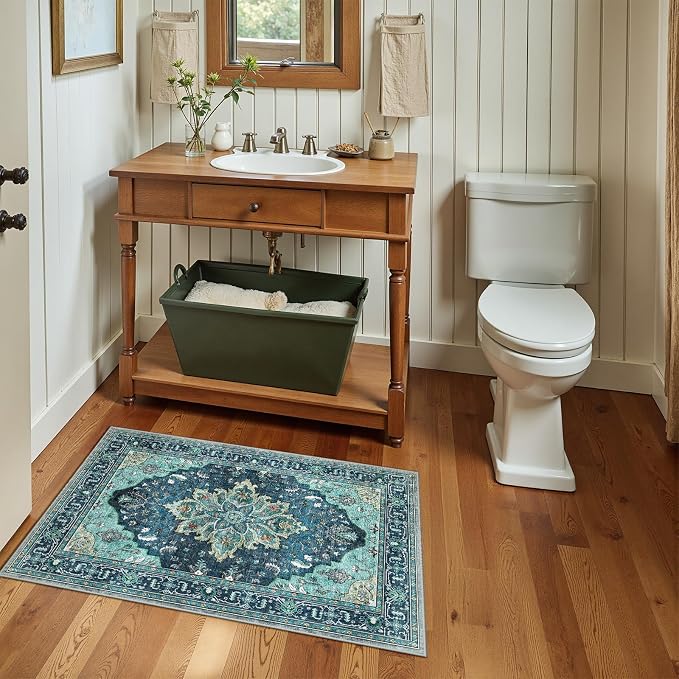 RELEANY Washable Area Rug, Small 2'x3', Teal | Non-Slip, Water Repellent, Pet Friendly, Easy to Clean, Vintage Floral Boho Decor for Kitchen Entryway Bathroom