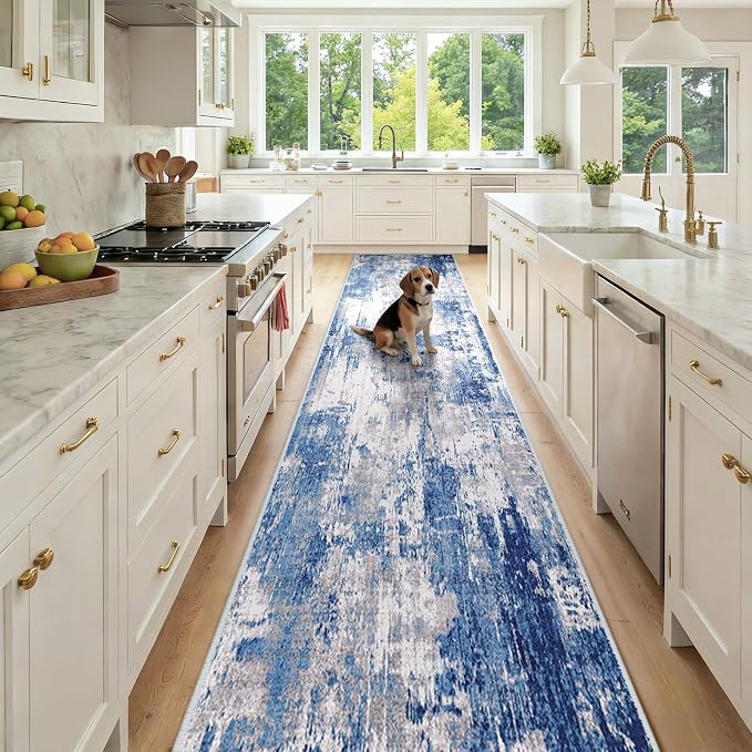 RELEANY Washable Runner 2'6"x12' Abstract Area Rug for Hallway Blue Gray | Carpet for Kitchen, Entryway, Bathroom, Living Room, Bedroom, Printed Pattern, Non‑Slip, Soft, Stain‑Resistant, Easy to Clean