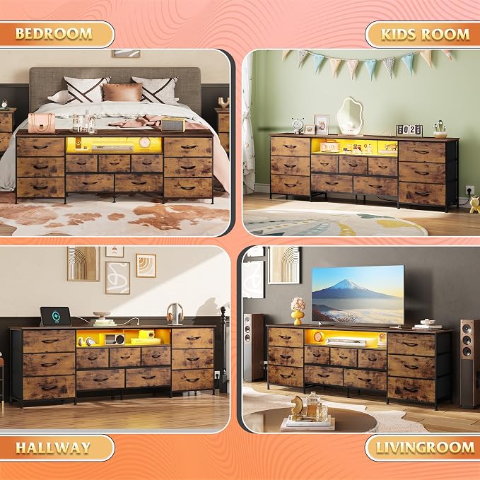 WLIVE Dresser TV Stand for 85 Inch TV, 11 Drawer LED Dresser, Rustic Brown | Fits TVs up to 85 inch, 11 fabric drawers, Built-in power outlet, Chest of drawers, Living room or bedroom
