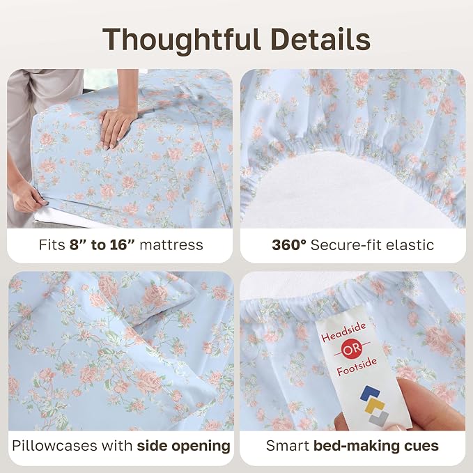 California Design Den Soft 100% Cotton Sateen Cal King Sheets, 4 Pcs Set | 400 Thread Count Backed by Good Housekeeping Seal, 16" Deep Pocket, All-Around Elastic, Durable - Floral Blue/Pink Print