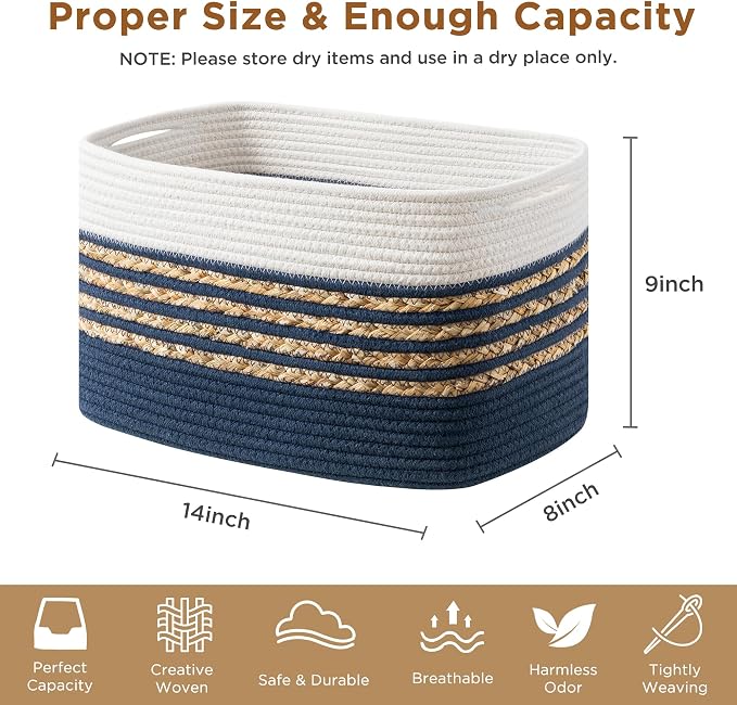 UBBCARE 2 Pack Baskets for Organizing, Woven Storage Baskets for Toys and Towel, Rectangle Cotton Rope Basket with Handles, 14''L x 8''W x9''H, Navy Blue