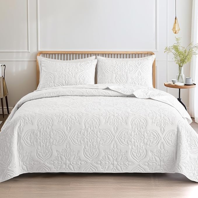 Whale Flotilla Twin Quilt Bedding Set Vintage Damask Reversible Bedspread | Suitable for Bed, 2 Pieces White Lightweight Breathable Quilts Twin Size, Ultrasonic Coverlet Bed Cover with 1 Pillow Sham