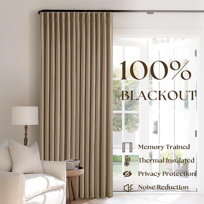 Light Brown 100% Blackout Pinch Pleated Linen 63 Inch Curtains with Liner | Memory Trained, Thermal Insulated, Heat Blocking, Black Out Curtains for Small Window Dining Room Bedroom 2 Panels W40xL63