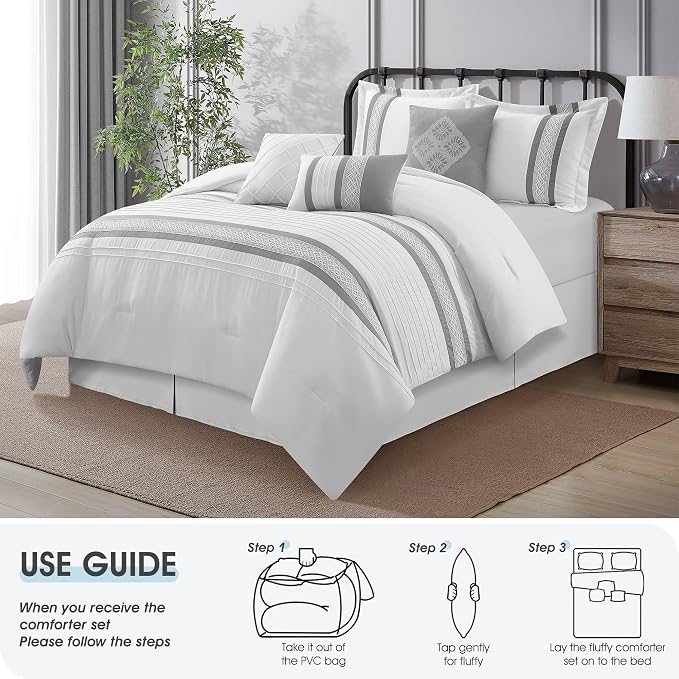 7 Piece Comforter Set, Grey White, Queen Size, Boho Style Geometric Microfiber Embroidery, Bed in a Bag with Bedskirt, Pillow Shams and Decor Pillows