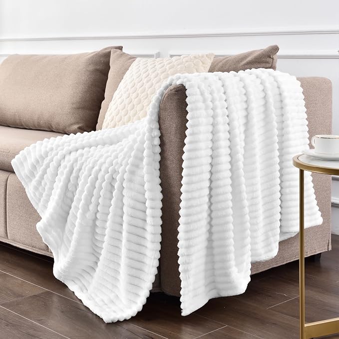 BEDELITE Ribbed Jacquard White Fleece Throw Blanket for Couch, 50x70 Inch | Soft Warm Decorative Fluffy Blanket, Cozy Plush Lightweight Fuzzy Throw Blanket for Bed Sofa Home Room Decor, Gift for Women