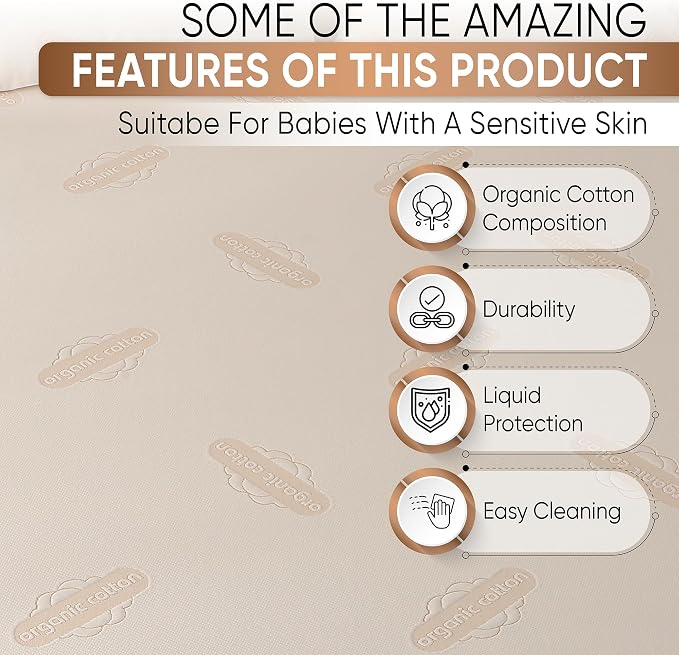 Crib Organic Mattress Protector Pad - Premium Organic Cotton Waterproof Breathable Mattress Pad Cover - 250 GSM Comfort - Deep Pocket - Fitted Comfort