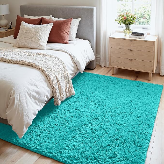 4x6 Fluffy Shag Area Rugs for Living Room Bedroom: Soft Carpet Teal Blue | Upgraded Non-Slip Thick Memory Foam, Ultra Soft, Non-Shedding Fuzzy Carpet, Easy Clean Decor for Kids Room, Nursery, Playroom