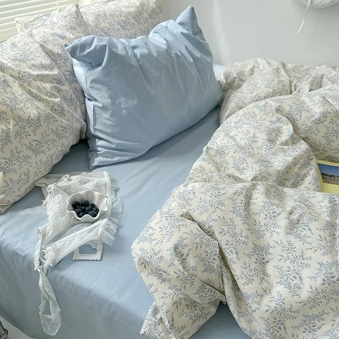 mixinni Blue Floral Duvet Cover Queen Size - 100% Cotton Soft Boho Comforter Cover with Zipper Closure 4 Ties, 3-Piece Vintage Aesthetic Botanical Bedding Set with 2 Pillowcases, All Season Bed Set