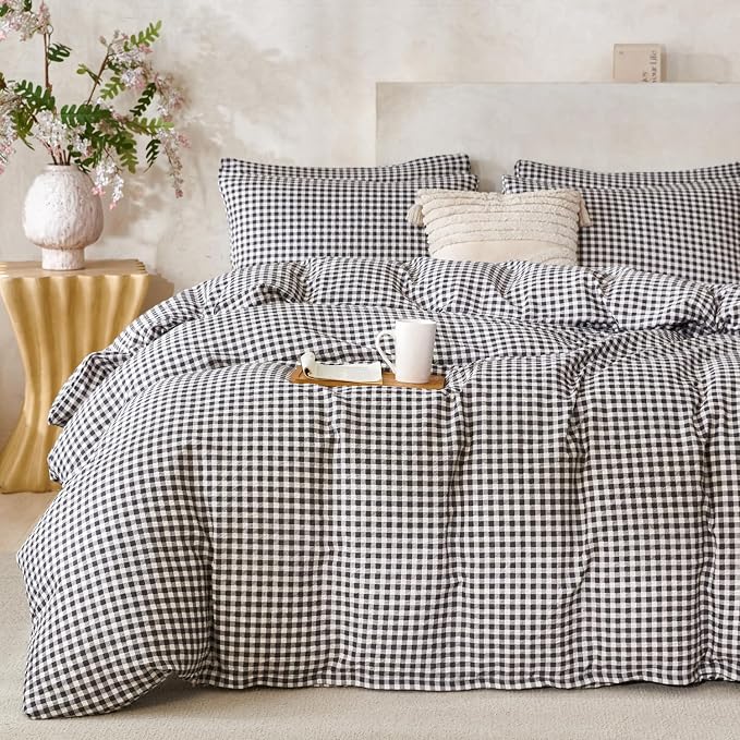 Black Grid Comforter Set Queen Soft Luxury Washed Microfiber 3 Pieces Bedding Set, White Grey Grid Pattern Comforter with 2 Pillowcases Breathable Durable Comfy
