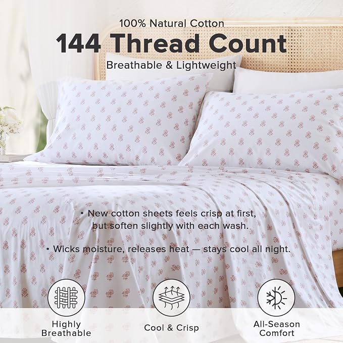 Comfort Spaces 100% Cotton Percale Sheets Twin Sheet Set 3 Pcs, Floral Pink | Crisp, Cool & Breathable Bed Sheets, 12" Deep Pocket Fits Up to 14" Mattress, Lightweight, All Season Cozy, with Pillow Case
