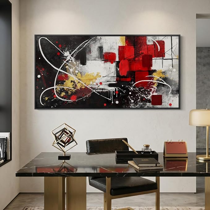 Extra Large Framed Black and White Abstract Wall Art for Living Room, 30x60 | Red gold geometric pictures, Canvas prints, Modern paintings, Artwork for walls, Wall decor for dining room bedroom hallway