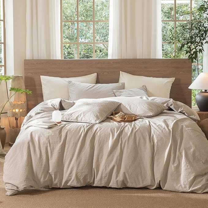 MooMee Wavy Striped Duvet Cover Set 100% Washed Cotton Linen Like Textured Breathable Durable Soft Comfy (Beige, Oversized Queen 98"x98")