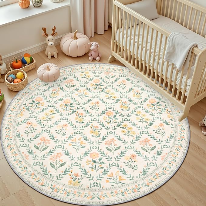 PLHXFR Round Area Rug Living Room: 6 ft Floral Washable Carpet Beige Multi | For Bedroom Dining Room Farmhouse Nursery Hallway,Vintage Floral,Machine washable,Non Slip,Stain Resistant,Large Indoor