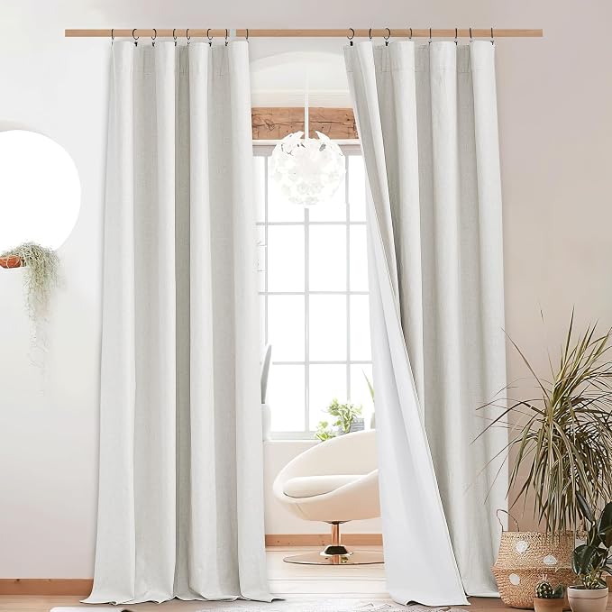 NICETOWN Back Tab 100% Blackout Linen Curtains 90" Length 2 Panels, Ivory | Thermal Insulated, Noise Reducing Textured Linen Look Windows Curtains for Daytime Sleepers Relaxation, W52" x L90" Each