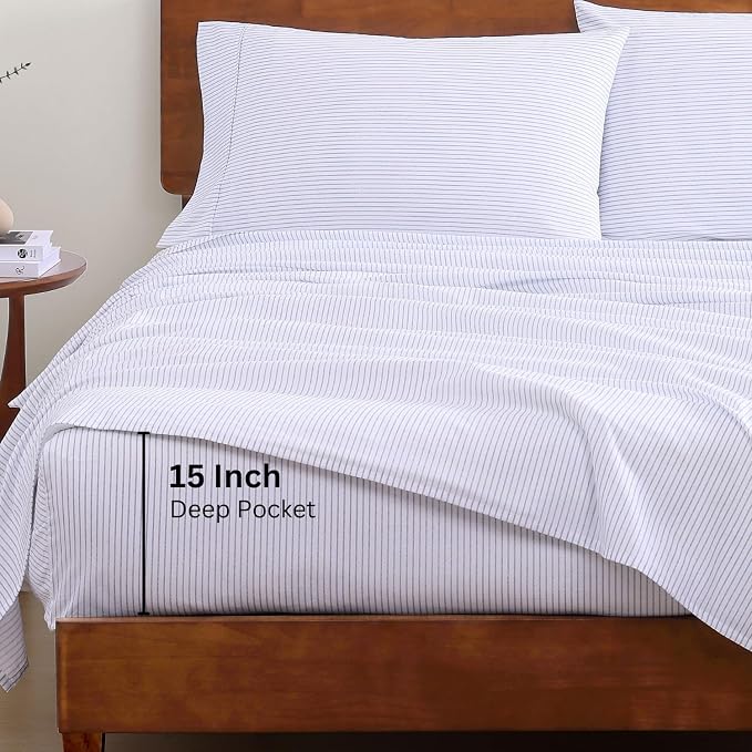 LANE LINEN Twin Sheet Set 100% Organic Cotton Cooling Soft - Ticking Stripe | 100% Organic Cotton Percale Twin Sheet Set - Affordable Organic Luxury, Honest-Price Organic Quality, For Hot Sleepers