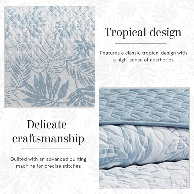 BLOOMHAVEN King Quilt Set-3 Pieces Soft Bedding Floral Reversible Coverlet | All Seasons Lightweight Quilts Queen Size for Bed, Breathable Vintage Bedspread with Shams, Moonstone Blue