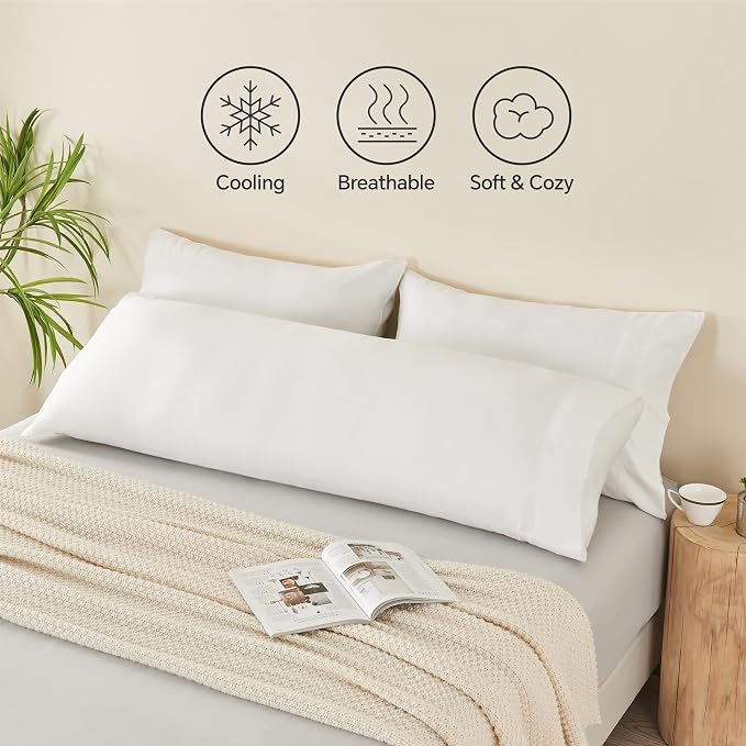 BEDELITE Body Pillow Pillowcase, Rayon from Bamboo, White, 20"x54" | Cooling and Breathable Body Pillow Cover for Hot Sleepers & Night Sweats, Silky Soft Full Long Pillow Case, Envelope Closure