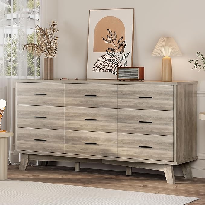 Xixini Dresser for Bedroom, 9 Drawer Wide Modern Chest of Drawers with X-Shaped Sturdy Base, Wood Double Dresser Closet Clothes Storage Organizer, Wooden TV Stand for Living Room, Hallway, Grey
