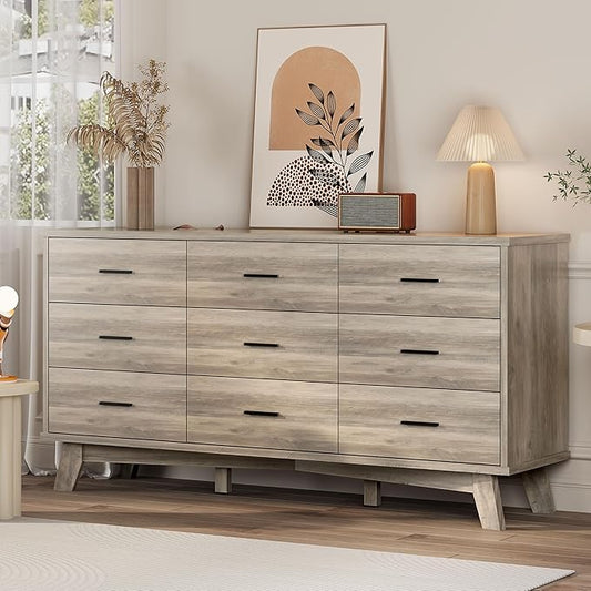 Xixini Dresser for Bedroom, 9 Drawer Wide Modern Chest of Drawers with X-Shaped Sturdy Base, Wood Double Dresser Closet Clothes Storage Organizer, Wooden TV Stand for Living Room, Hallway, Grey