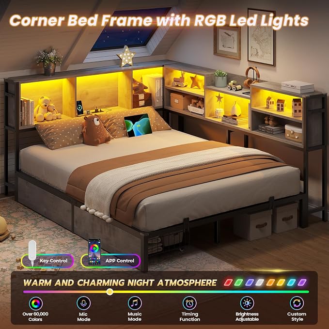DICTAC Corner Queen Bed Frame with Storage Bookcase and 2 Drawers, Queen Size Corner Platform Bed Frame with LED Lights and Charging Station, Metal Daybed for Teens/Adult, Saving Space, Oak Gray