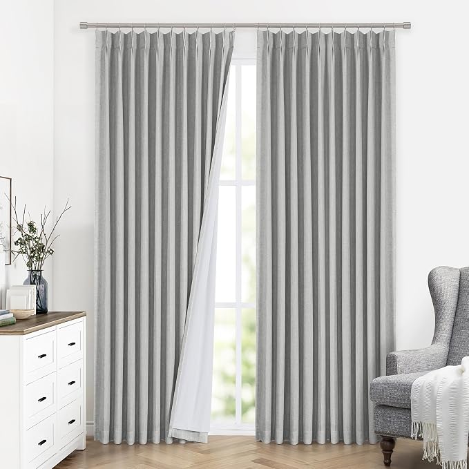 Vision Home Light Gray Pinch Pleated Full Blackout Curtains Linen Blended 60" Wide Thermal Insulated Window Panels 95 inch for Bedroom Living Room Darkening Pleat Drapes with Hooks Back Tab 60"Wx95Lx1