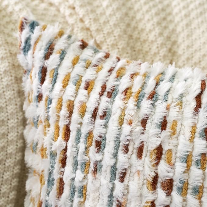 Aeckself Boho Chenille Tufted Pillow Cover 24 x 24 Inch, Decorative Square Big Throw Pillow Cover Neutral Pillowcase for Couch Bedroom Living Room, Orange White